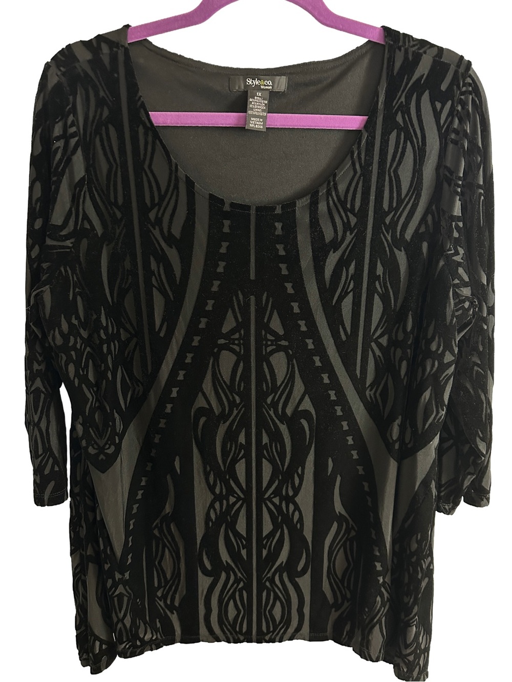 Style&Co Black Velvet Burnout Pattern Scoop Neck Tunic Top